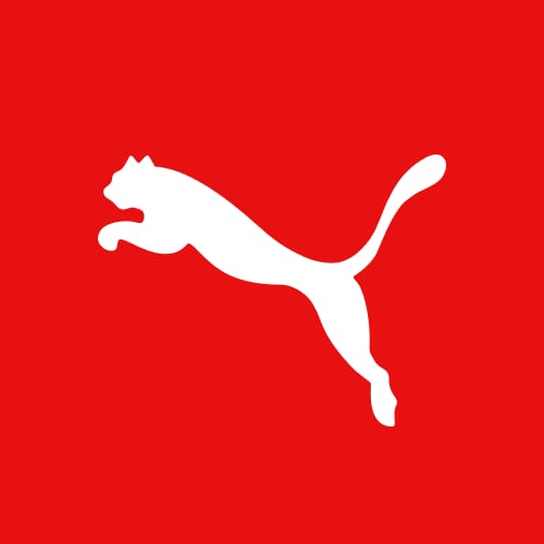 White PUMA logo on a solid red background.
