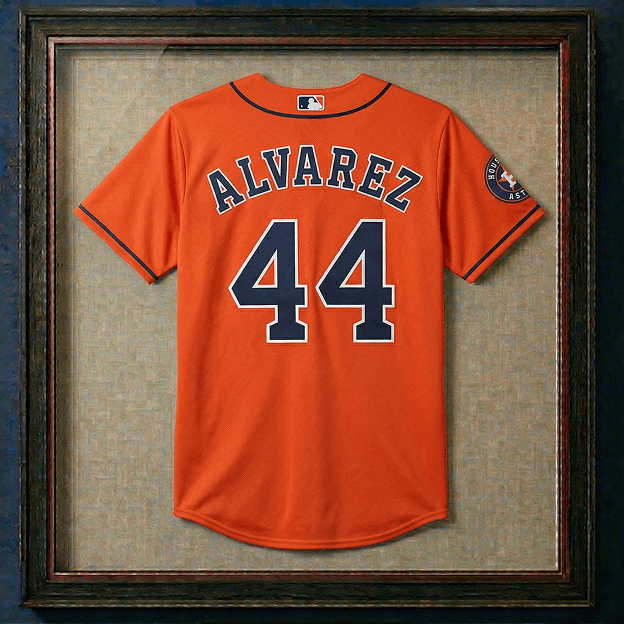 Framed orange Yodran Alvarez baseball jersey with blue and white lettering and number 44 on the back.