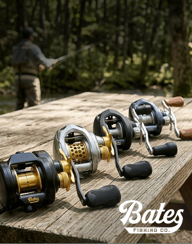 Bates baitcasting fishing reels displayed on a wooden table.