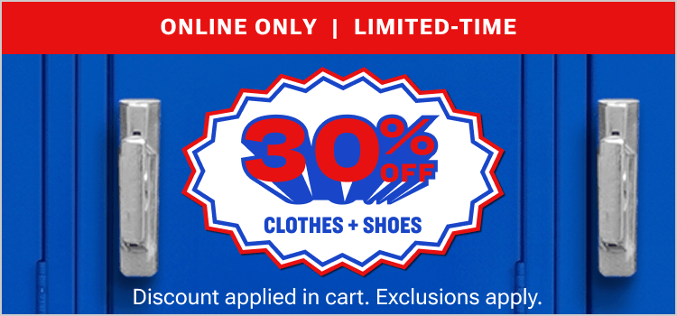 Online-only promotion offering 30% off clothing and shoes, with discount applied in cart.