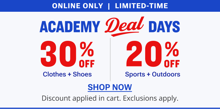 Promotional banner advertising online only 30% on clothes and shoes and 20% on sports and outdoors for Academy Deal Days with 'Shop Now' call-to-action.