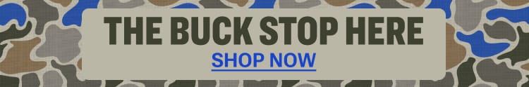 “The Buck Stop Here. Shop Now.” Hunting promotion banner with camouflage background.