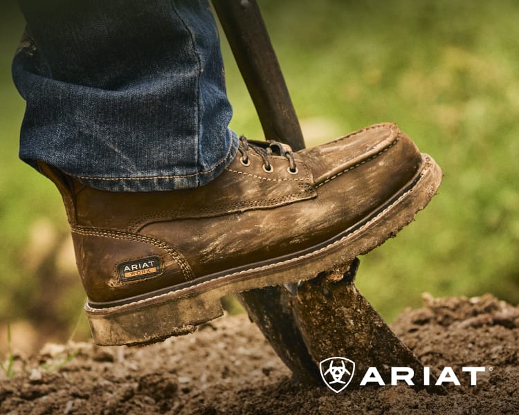 Ariat promotional banner featuring a close-up of an Ariat leather work boot stepping on rugged terrain, and overlaid Ariat logo.