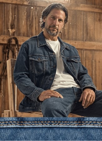 Two men wearing Western-style shirts, belts, and jeans walking outdoors near a rustic wooden building.