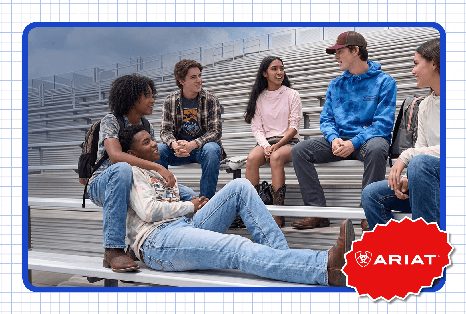 Group of people wearing casual Ariat denim seated and standing on outdoor bleachers.