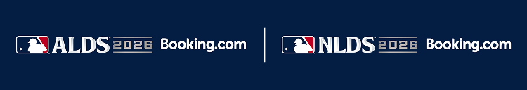 Navy banner featuring the MLB logo, ALDS 2026 Booking.com and NLDS 2026 Booking.com separated by a vertical line.