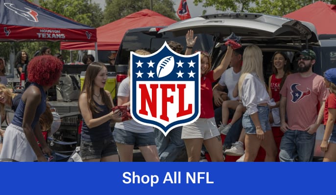 Tailgating scene featuring football fans gathered around vehicles and team tents. NFL shield logo appears in the center. CTA text reads 