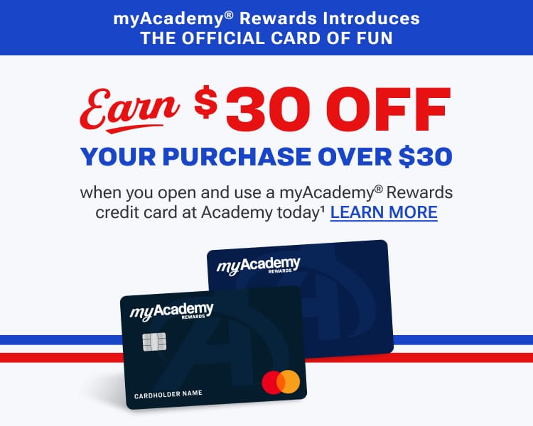 myAcademy Rewards credit card promotion offering $30 off a purchase over $30 when opening and using a new card.