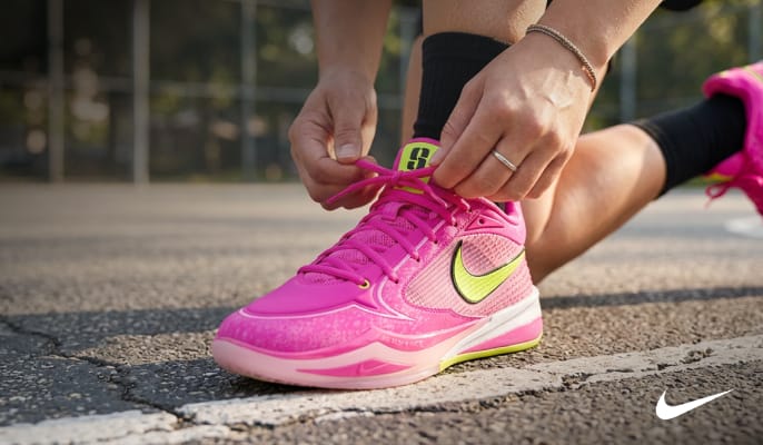 Close-up of bright pink Nike Sabrina 4 basketball shoes being laced on an outdoor court. Nike Swoosh logo appears in the lower-right corner.