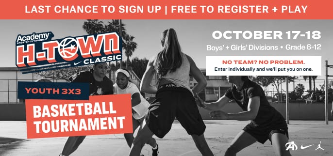 Academy Sports + Outdoors H-Town Classic Youth 3x3 Basketball Tournament. Banner text reads “Spots Are Filling Fast | Register for Free.” Four players compete on an outdoor basketball court. Event details include “October 17-18,” “Boys' + Girls' Divisions,” and “Grade 6-12.” Callout text reads “Youth 3x3 Basketball Tournament.”