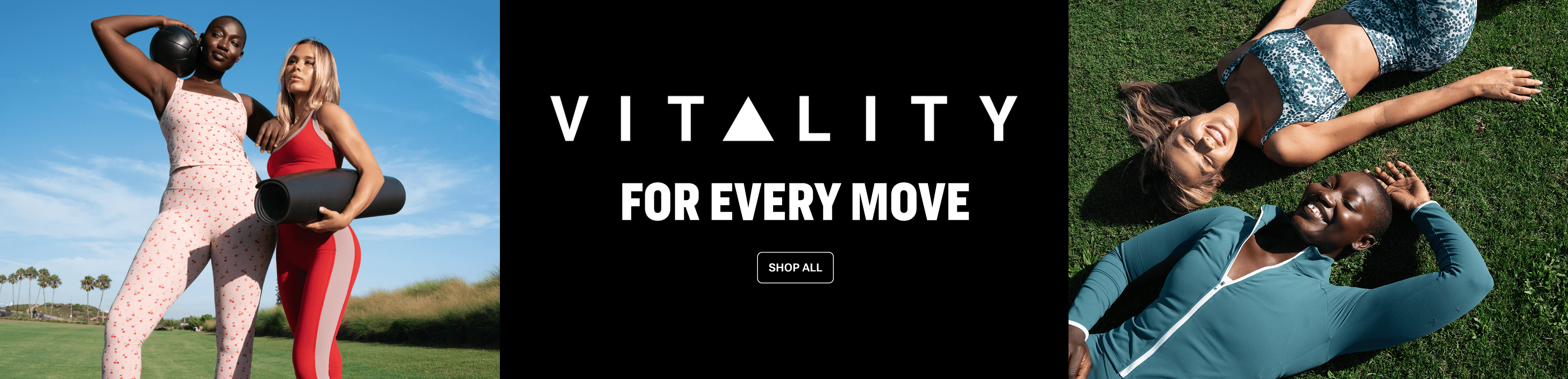 Vitality for Every Move. Two people in activewear stand outdoors with a kettlebell and yoga mat, while two people relax on grass in coordinated activewear. Shop All.