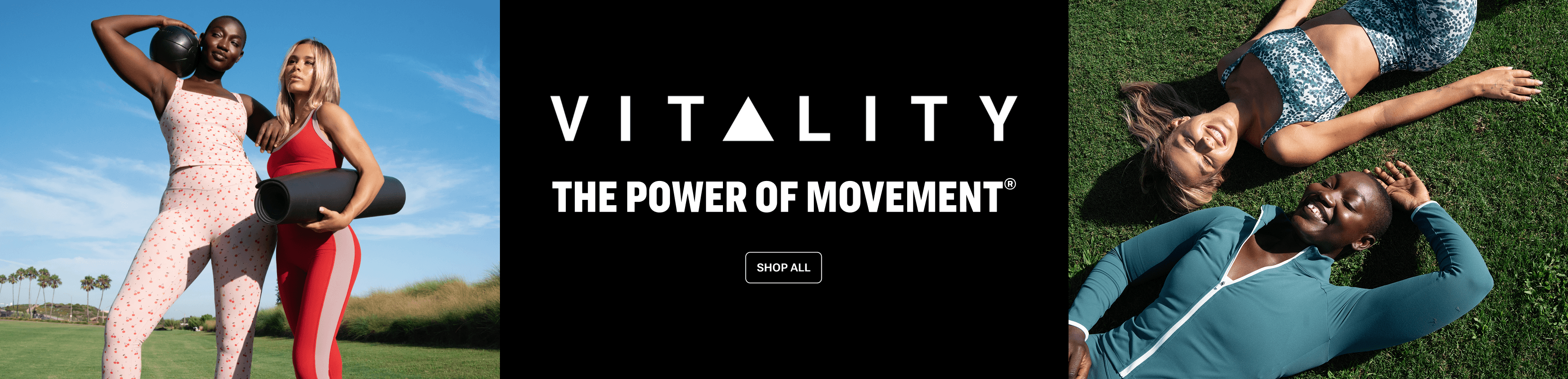 Vitality for Every Move. Two people in activewear stand outdoors with a kettlebell and yoga mat, while two people relax on grass in coordinated activewear. Shop All.