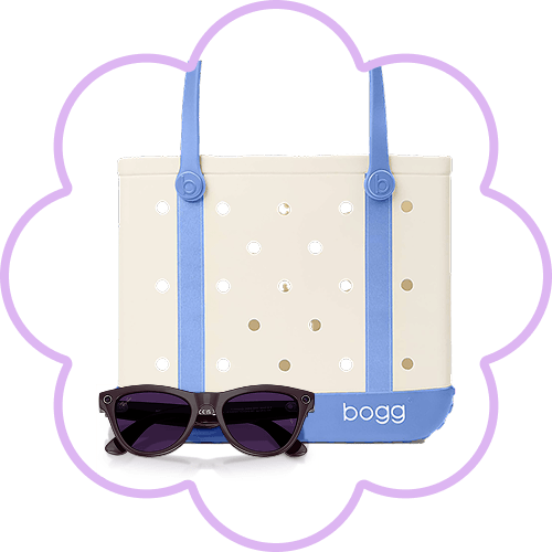 Reusable tote bag with star pattern and blue handles, shown with black sunglasses in front on a white background with a purple flower outline.