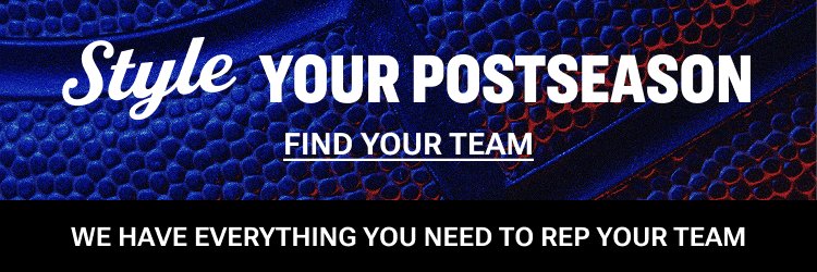 Promotional banner with basketball texture background reading 'Style your postseason' and 'We have everything you need to rep your team,' with a call to action to find your team