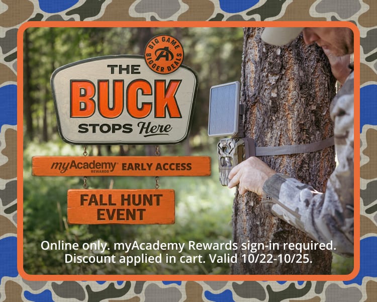 Hunter wearing camouflage apparel standing beside a trail camera. Text reads: “THE BUCK STOPS HERE,” “myAcademy Early Access,” and “FALL HUNT EVENT.” Promotional hunting-themed graphic with camouflage border.
