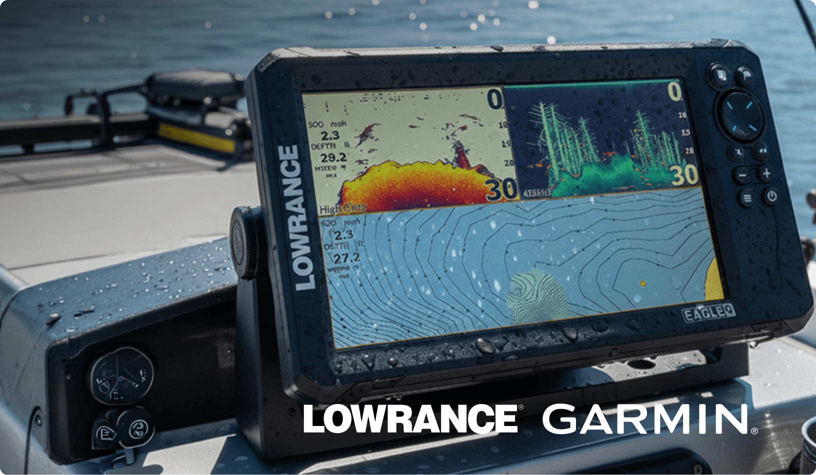 Mounted marine sonar display on a boat, featuring Lowrance and Garmin brand logos.