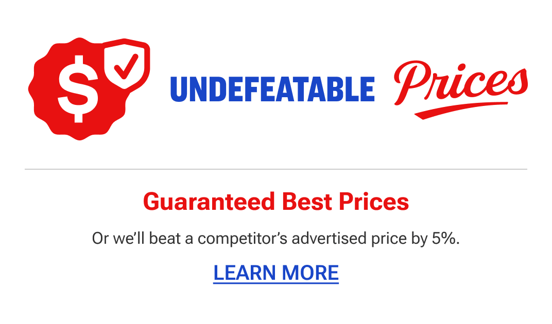 Undefeatable Prices graphic featuring a red dollar-sign shield icon and text promoting guaranteed best prices, with a statement that Academy will beat a competitor’s advertised price by 5%.