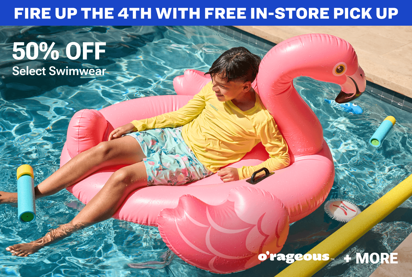 Person lounging on pink flamingo float in swimming pool surrounded by water toys.