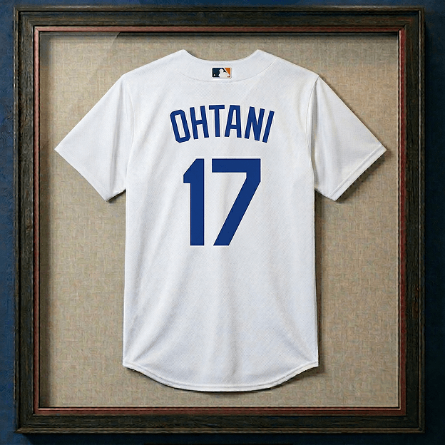 Framed white Shohei Ohtani baseball jersey with blue lettering and number 17 on the back.