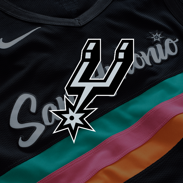 San Antonio Spurs logo overlaid on top of a closeup of Spurs NBA jersey.