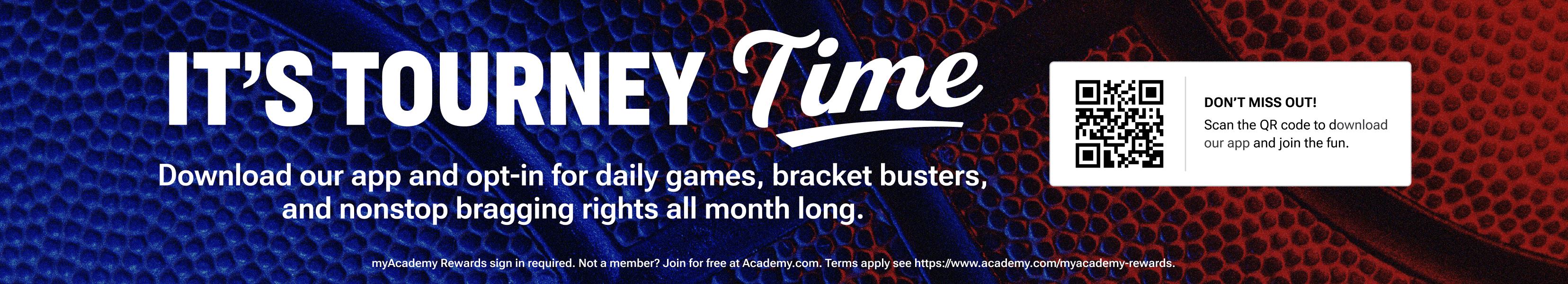 Banner reading Its Tourney Time over a close-up basketball texture, promoting the mobile app with text encouraging users to opt in for daily games, bracket busters, and bragging rights, with Apple App Store and Google Play download badges shown to download the app.