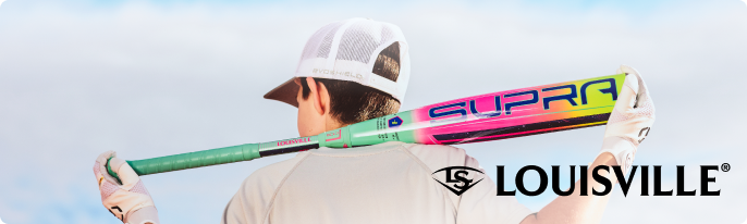 Close-up of a multicolored Louisville Slugger 2027 Supra Baseball Bat held outdoors.