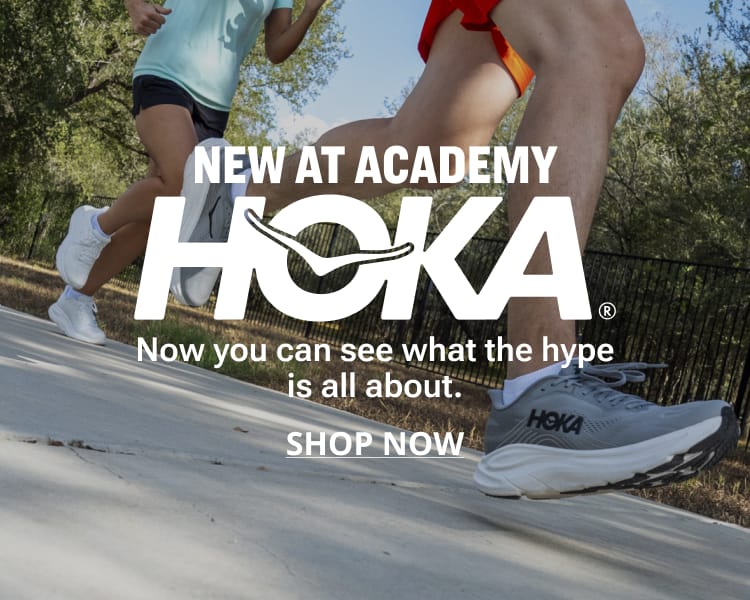 New at Academy HOKA athletic footwear displayed on outdoor steps with promotional text inviting shoppers to explore the collection.