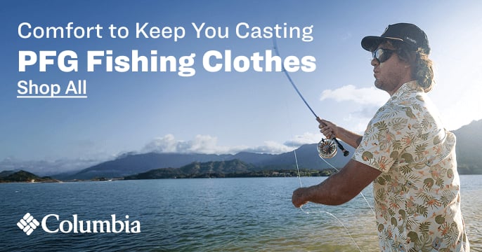 Two people wearing PFG fishing shirts standing on a rocky shoreline at sunset with text promoting PFG Fishing Shirts.