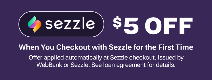 Sezzle promotion offering $5 off your first checkout, with Sezzle logo on a purple background