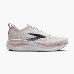 White Brooks Adrenaline GTS 26 running shoe with black and soft pink accents displayed on a white background in a side-profile product shot.