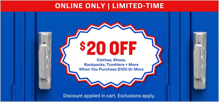 $20 off clothes, shoes, backpacks, tumblers and more with $100 purchase or more.