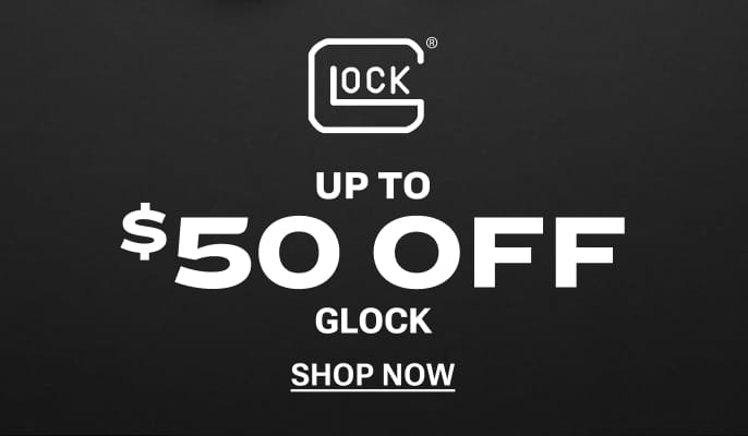 Can’t Miss Savings. Glock. Up to $50 off firearms. Shop now. Two Glock firearms displayed on a black surface.