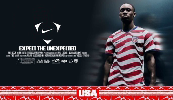 Promotional image featuring pro soccer players wearing the USA national team home and away jerseys featuring the Nike Soccer logo and the text 'Expect The Unexpected.'