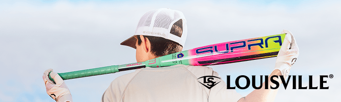 Close-up of a multicolored Louisville Slugger 2026 Supra Baseball Bat held outdoors.