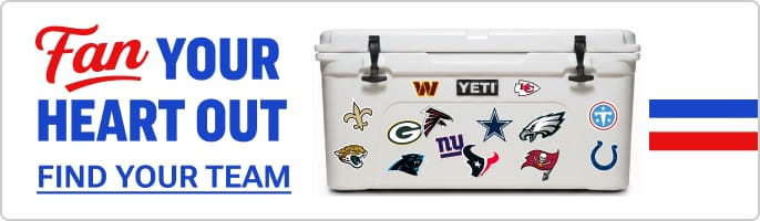 White YETI cooler covered with NFL team logos alongside the headline “Fan Your Heart Out” and a Find Your Team button.