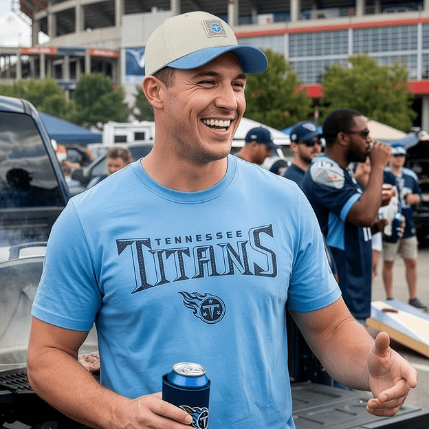 Person wearing a Tennessee Titans graphic T-shirt and cap while standing in a stadium parking lot with a beverage can in hand.
