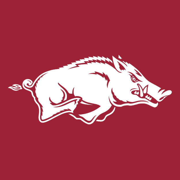 Arkansas Razorbacks logo featuring a running hog illustration on a dark red background.
