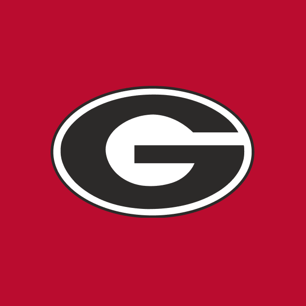 Georgia Bulldogs logo featuring a black and white G emblem on a red background.