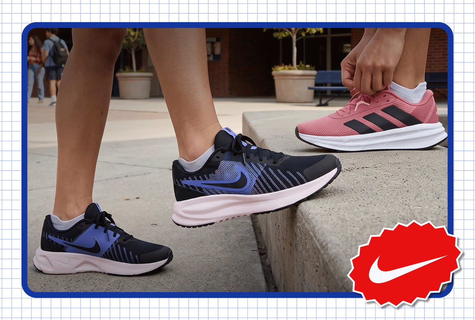 Close-up of athletic running shoes worn outdoors on a curb next to a second pair of shoes.
