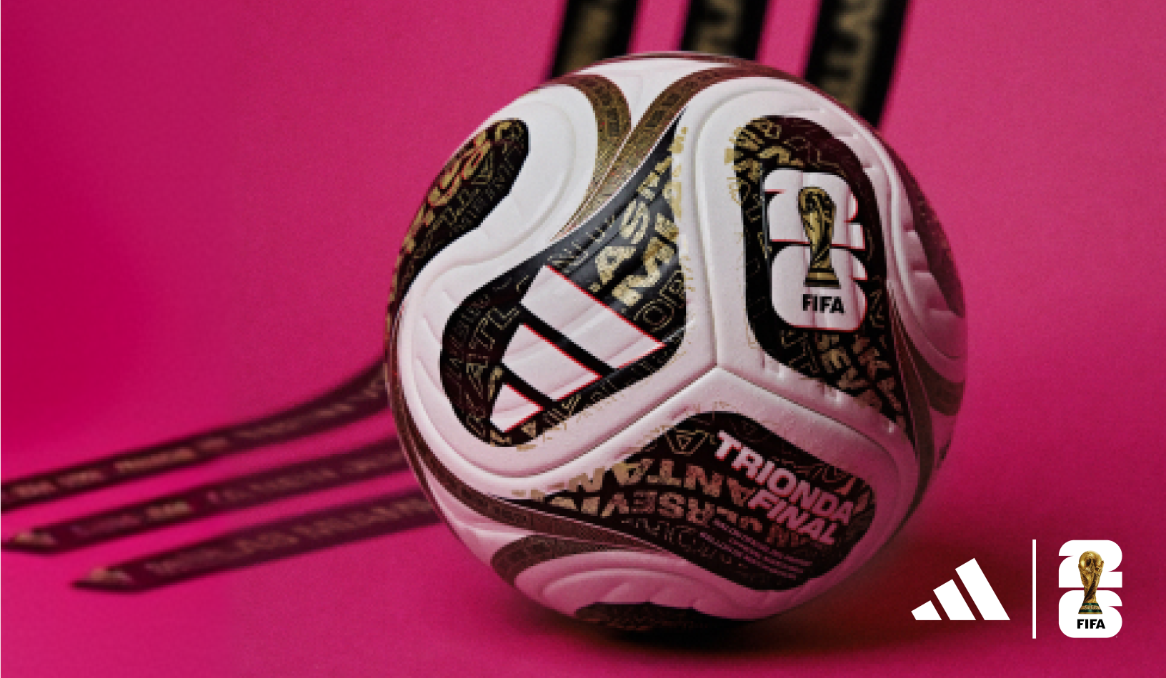 Promotional image of the FIFA World Cup 2026 Official Final Match Ball, shown on a gradient pink background with overlaid adidas and FIFA World Cup 2026 logos.