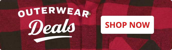Outerwear Deals banner on a red and black plaid background with buttons to shop men's, women's, boys', and girls' outerwear.