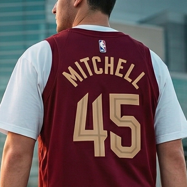 Back view of a maroon NBA basketball jersey worn over a white shirt showing the name MITCHELL and the number 45.