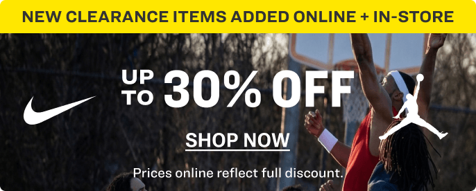 Nike and Jordan clearance promotion showing two people playing basketball outdoors with text reading 'Up to 30% off clearance items online and in store.