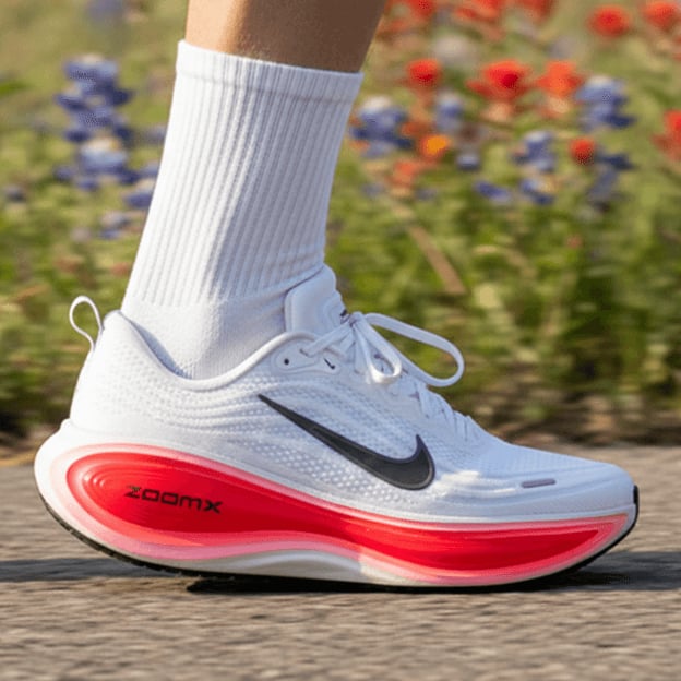 Running shoe on a foot outdoors