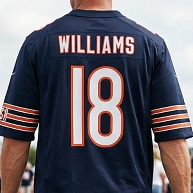 Back view of a navy Chicago Bears jersey featuring the name 'Williams' and number 18.