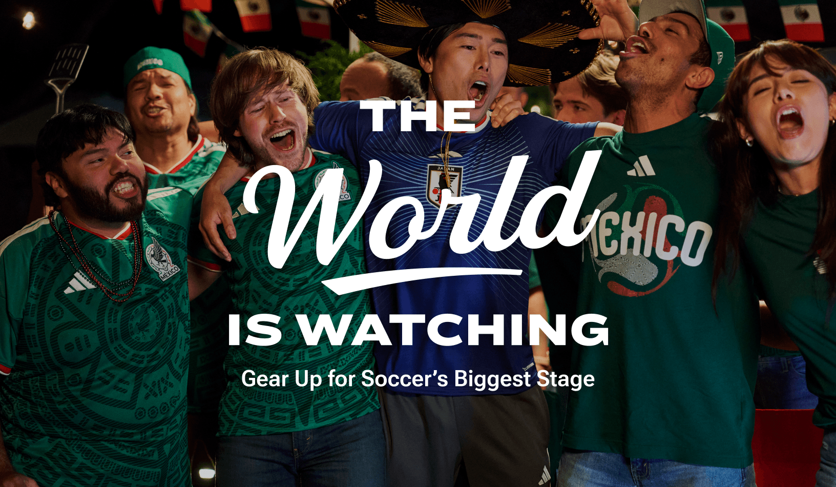 Video showing official FIFA 2026 World Cup jerseys from different nations with the text "The World Is Watching" overlaid.