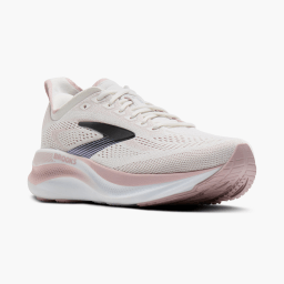 White Brooks Adrenaline GTS 26 running shoe with black and soft pink accents displayed on a white background in a side-angled product shot.