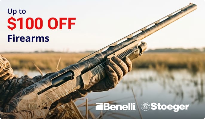 Camouflage-pattern shotgun held in gloved hands near a marshland, with Benelli and Stoeger logos displayed in the lower right corner.