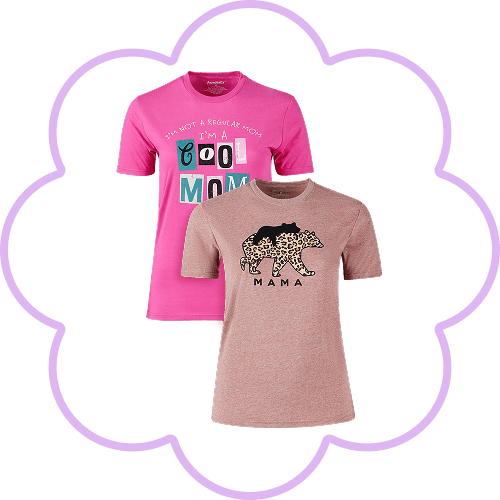 Two women's short-sleeve graphic tops in pink and beige displayed on a white background with a purple flower outline.