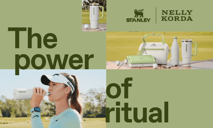 Stanley x Nelly Korda campaign banner showing mint‑green Stanley drinkware on a golf course, including tumblers, bottles, and a cooler, alongside the text ‘The power of ritual.